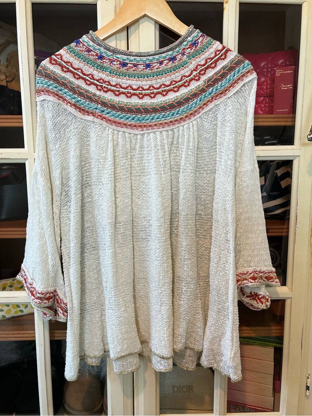 Free People Cream Embroidered Yoke Knit Tunic